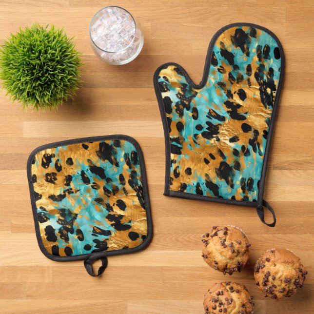 Cool Gold Aqua Leopard Ofenhandschuh & Topflappen-Set (Oben Unten)