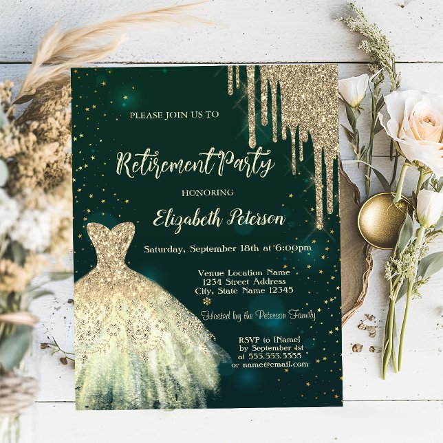 Cool Gold Glitzer Tropfen, Dress Green Retirement Einladung (Von Creator hochgeladen)