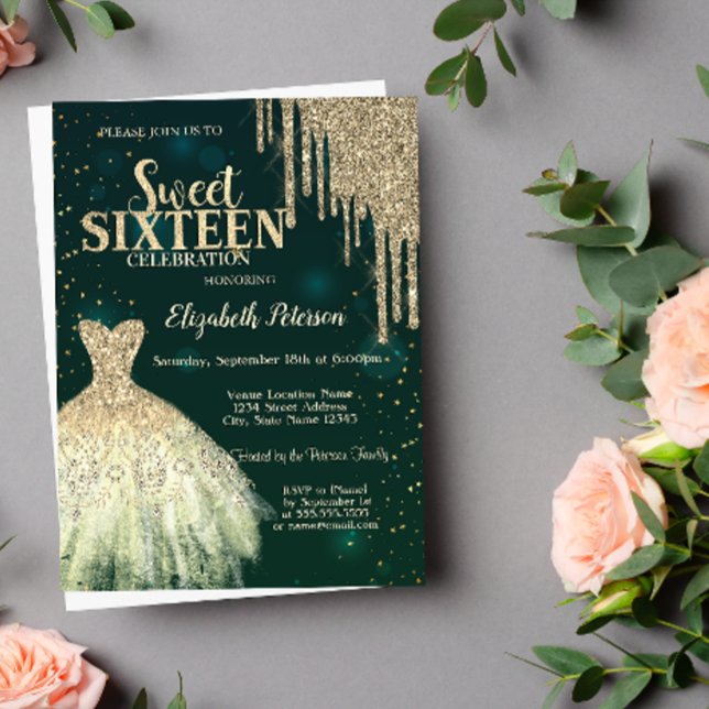 Cool Gold Glitzer Tropfen, Dress Green Sweet 16 Einladung (Von Creator hochgeladen)