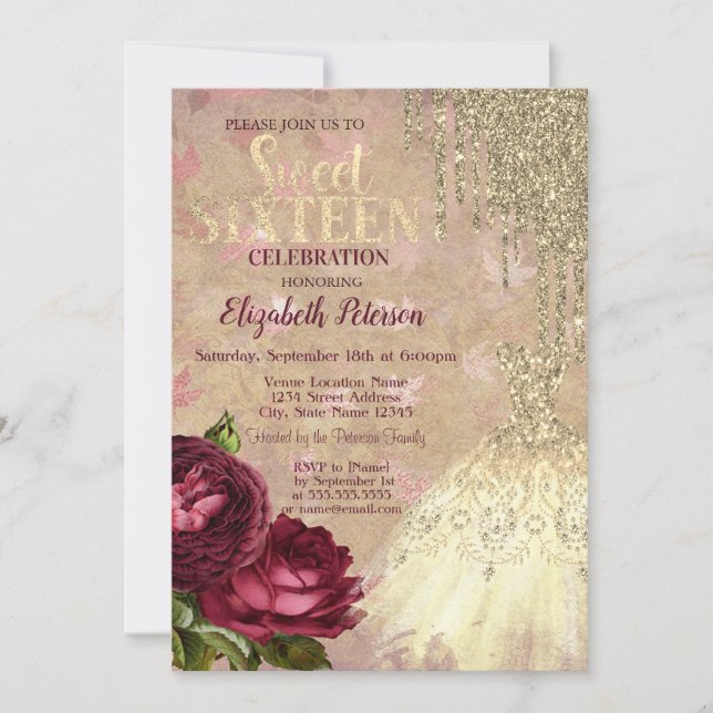 Cool Gold Glitzer Tropfen, Dress Rose Sweet 16 Einladung (Vorderseite)