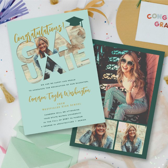 Cool Graduate Cutout Foto Moderne Graduierungspart Einladung (Cool Mint Green Congratulations Graduate Cutout Photo Modern Graduation Card @ fatfatin)