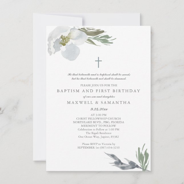 Cool Gray Watercolor Florals Twins Taufe Einladung (Vorderseite)