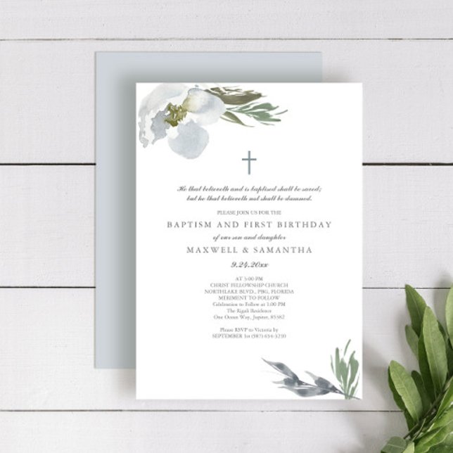 Cool Gray Watercolor Florals Twins Taufe Einladung (baptism invitations with godparents names for twins grey floral botanicals)