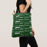 Cool Green Customized Name Collage Tasche<br><div class="desc">A cool personalized green allover tote bag gift for decorated in nine different fonts spelling your name in white typography. Cute customizable present for with fun cursive script.</div>