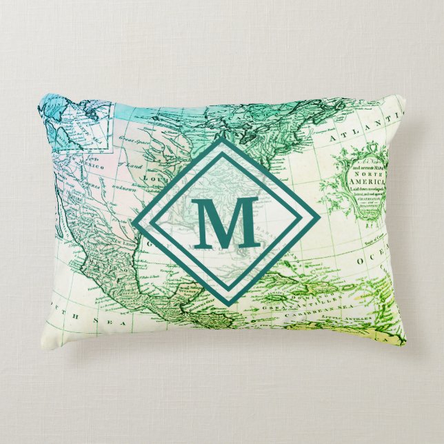 Cool Green Vintag Map Nordamerika Monogram Dekokissen (Vorderseite)