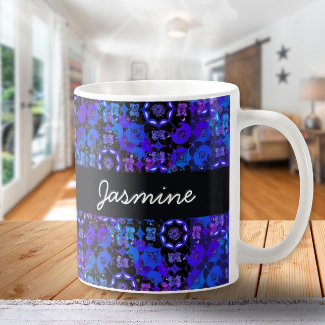 Cool Groovy Boho Retro Chic Blue Lila Hippie Kaffeetasse (A hippie inspired coffee mug with cool retro pattern in a groovy style, in blues and purples)
