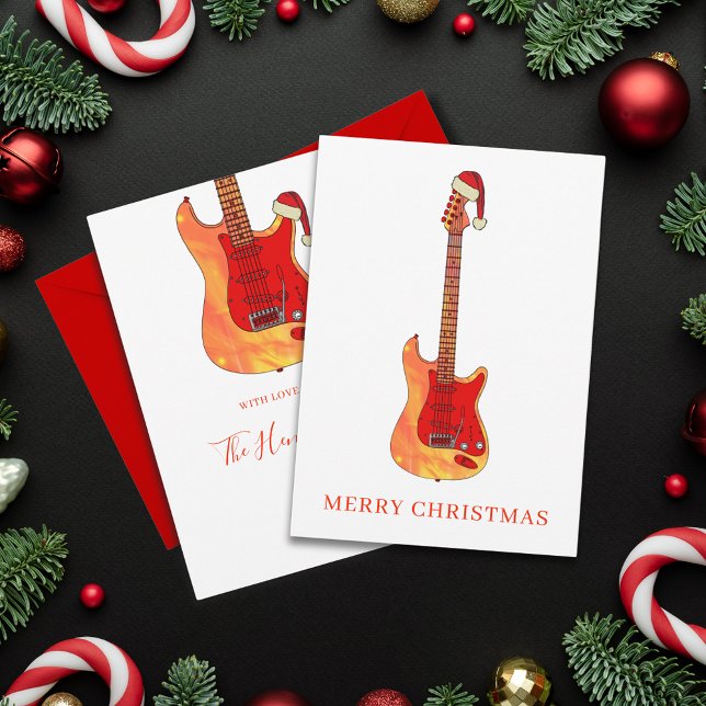 Cool Guitar Frohe Weihnachten (Merry Christmas Cool fire electric guitar wearing a Santa Hat personalized holidays greetings card)