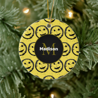 Cool Happy Smiling face pattern yellow Monogram Keramik Ornament