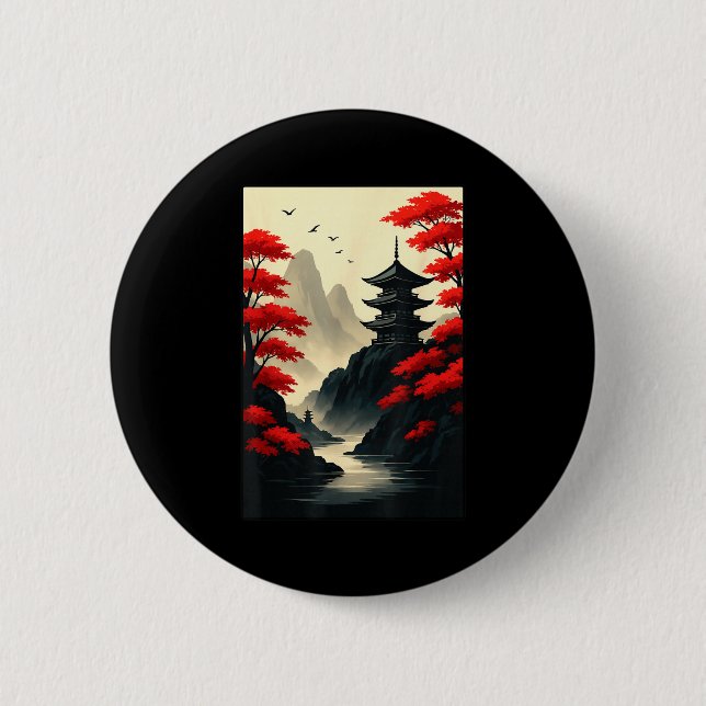Cool Japanese Pagoda Castle Mountain Landscape Gra Button (Vorderseite)