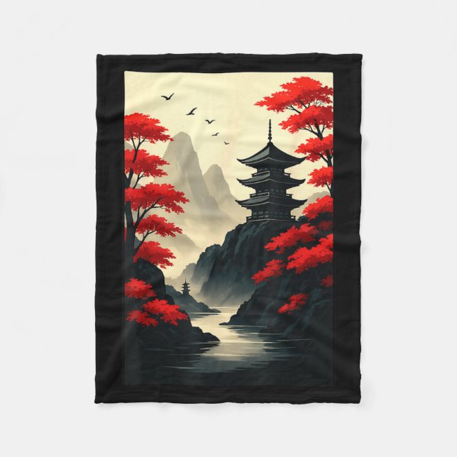 Cool Japanese Pagoda Castle Mountain Landscape Gra Fleecedecke (Vorderseite)