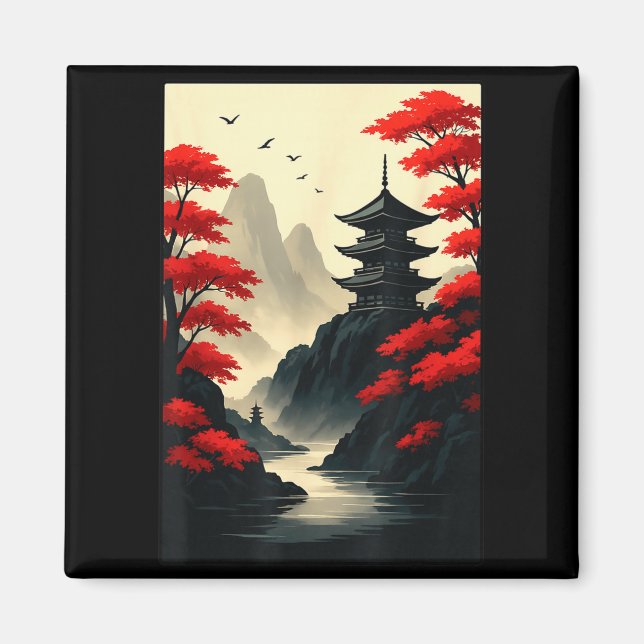 Cool Japanese Pagoda Castle Mountain Landscape Gra Magnet (Vorne)