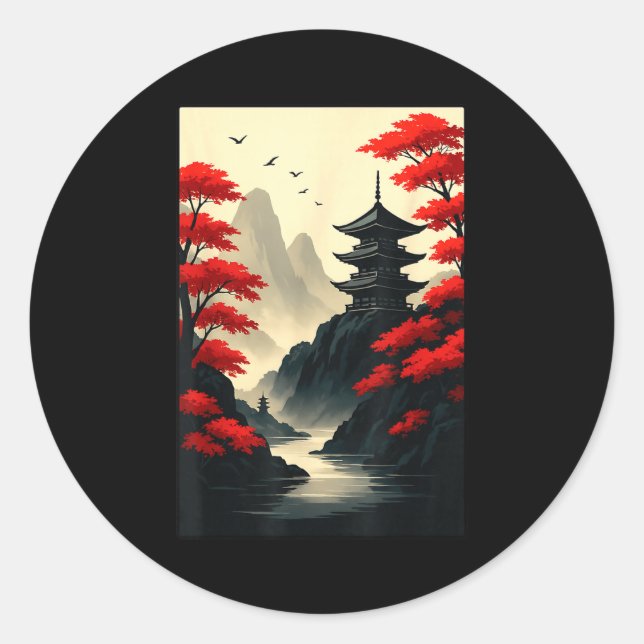 Cool Japanese Pagoda Castle Mountain Landscape Gra Runder Aufkleber (Vorderseite)