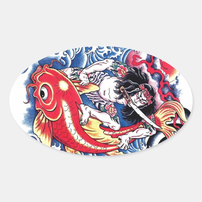 Cool Japanisch Samurai Koi Karpfen rotes Tattoo Ovaler Aufkleber (Vorderseite)