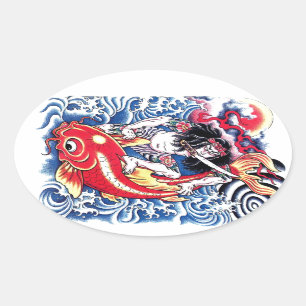 Cool Japanisch Samurai Koi Karpfen rotes Tattoo Ovaler Aufkleber