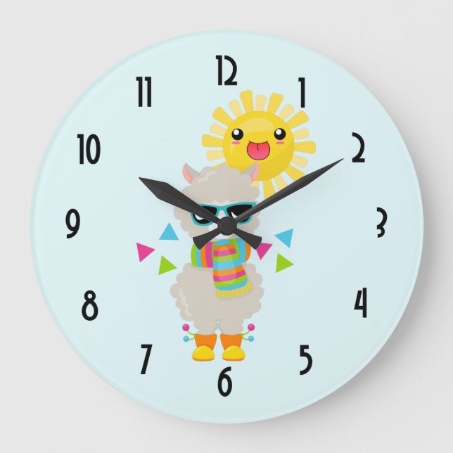 Cool Llama and Smiling Kawaii Sun Große Wanduhr (Vorderseite)