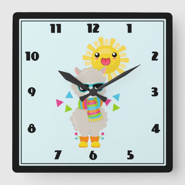 Cool Llama and Smiling Kawaii Sun Quadratische Wanduhr (Vorderseite)