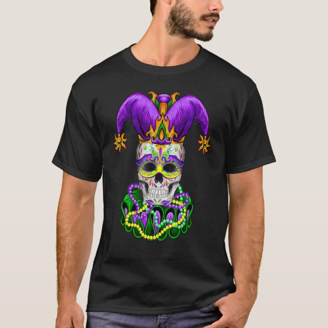 Cool Mardi Gras Skull Jester Hat Masked Beads T-Shirt (Vorderseite)