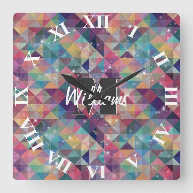 Cool modern colourful triangles geometric pattern quadratische wanduhr (Vorderseite)