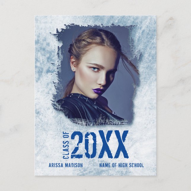 Cool Modern Grunge Foto Blue Grad Ankündigung Postkarte (Vorderseite)