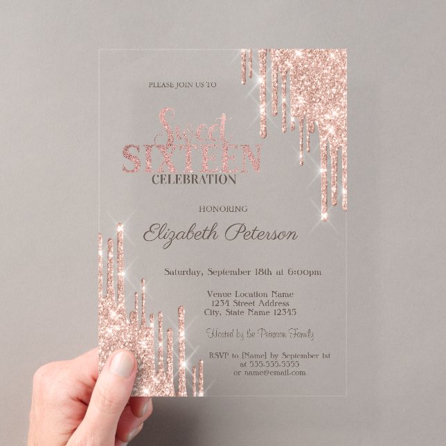 Cool Moderne Glitzer Tropfen Rose Gold Sweet 16 Acryleinladungen (Insitu (Handheld))