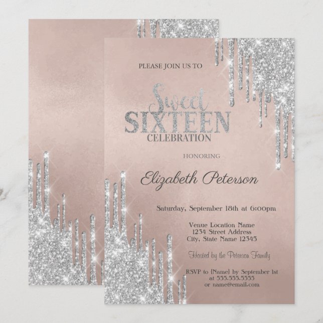 Cool Moderne Silver Glitzer Tropfen Sweet 16 Einladung (Vorne/Hinten)