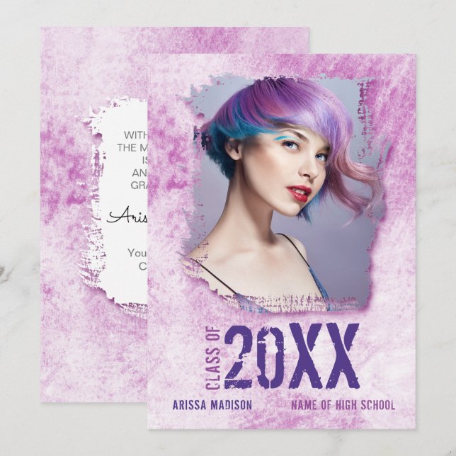 Cool Modernes Grunge 2 Foto Pink Lila Grad Ankündigung (Vorne/Hinten)