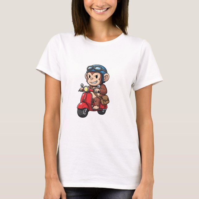 Cool Monkey Courier Riding Red Retro Scooter T-Shirt (Vorderseite)