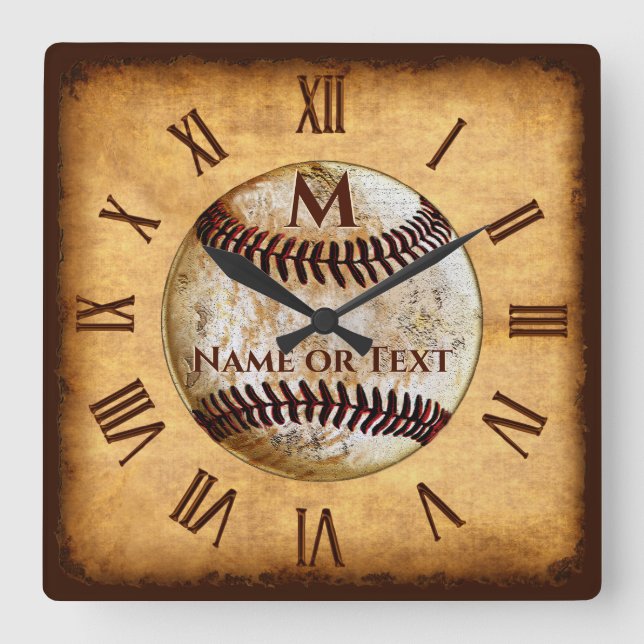 Cool Monogram and Personalized Baseball Clock Quadratische Wanduhr (Vorderseite)