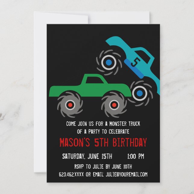 Cool Monster Trucks Invitations de fête d'annivers (Devant)
