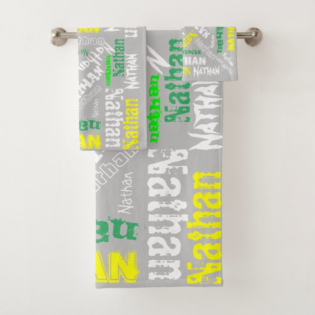Cool Name Collage Moderne Typografie Custom Gray Badhandtuch Set (Insitu)