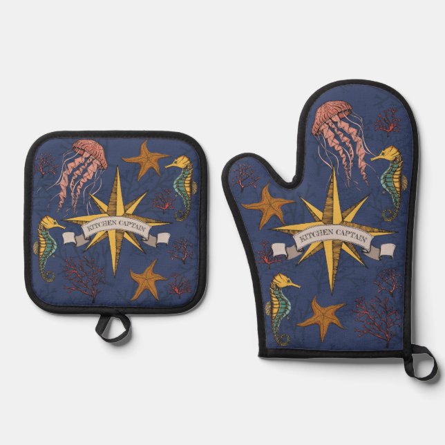 Cool Navy Nautical Kitekapitän Sea Life Ofenhandschuh & Topflappen-Set (Vorderseite)