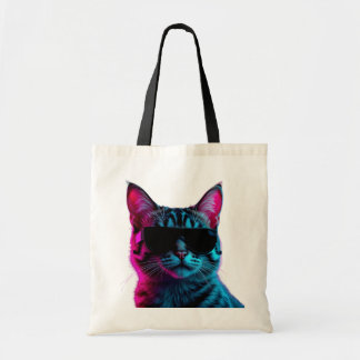 Cool Neon Cat with Sunglasses Aesthetic Budget Tot Tragetasche