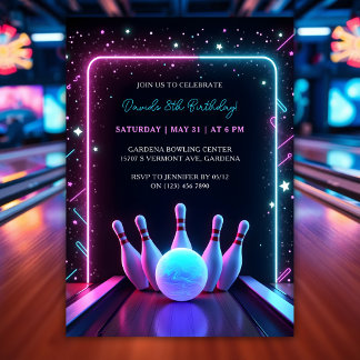 Cool Neon Glow Bowling Birthday Party Einladung