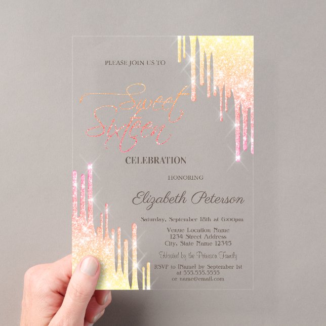  Cool Ombre Glitter Drips Rose Gold  Sweet 16 Acryleinladungen (Insitu (Handheld))