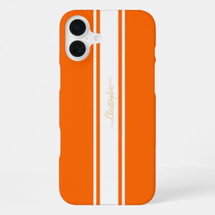 Cool Orange White Racing Stripes Gold Mit Monogram iPhone 16 Plus Hülle