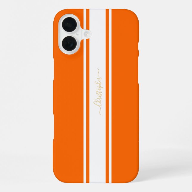 Cool Orange White Racing Stripes Gold Mit Monogram iPhone 16 Plus Hülle (Rückseite)