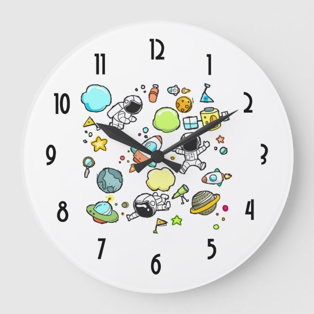 Cool Outer Space Astronauts & Rockets Pattern Große Wanduhr (Vorderseite)