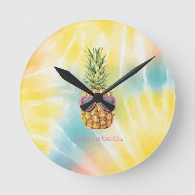 Cool Pineapple, Watercolor Rainbow Tie Dye   Runde Wanduhr (Vorderseite)