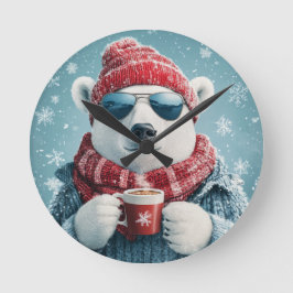Cool Polar Bear Wall Clock with Hot Cocoa - Fun Wi Runde Wanduhr