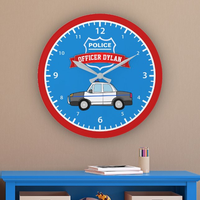 Cool Police Car Personalized Name Kids Room Große Wanduhr (Von Creator hochgeladen)