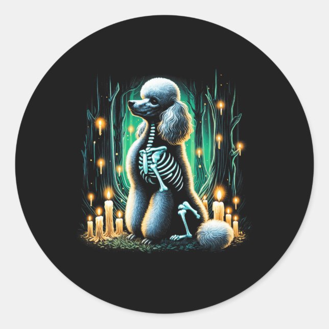 Cool Poodle Dog Skeleton Halloween Hund Mama Vater Runder Aufkleber (Vorderseite)