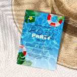 Cool Pool Party | Geburtstag schwimmen Einladung<br><div class="desc">Wer Liebe kein Party im Pool? Diese Einladung lockt den Sommer mit kristallklarem Wasser, sanften Wellen, die zum Baden oder zum coolen Verweilen einladen. Das Design ist mit tropischen grünen Blätter, einer hellen tropisch gelben Blume und den traditionellen aufblasbaren Ringen dekoriert. Es ist ein modernes Template mit einem lustigen 'POOL...</div>