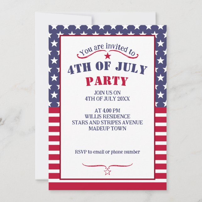 Cool Red White Stars Streifen USA Flagge 4 Juli 4 Einladung (Vorderseite)