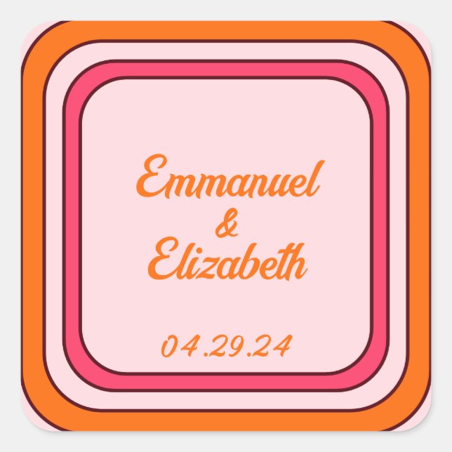 Cool Retro 70er Rosa & Orange Hochzeit Quadratischer Aufkleber (Vorderseite)