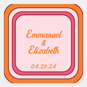 Cool Retro 70er Rosa & Orange Hochzeit Quadratischer Aufkleber