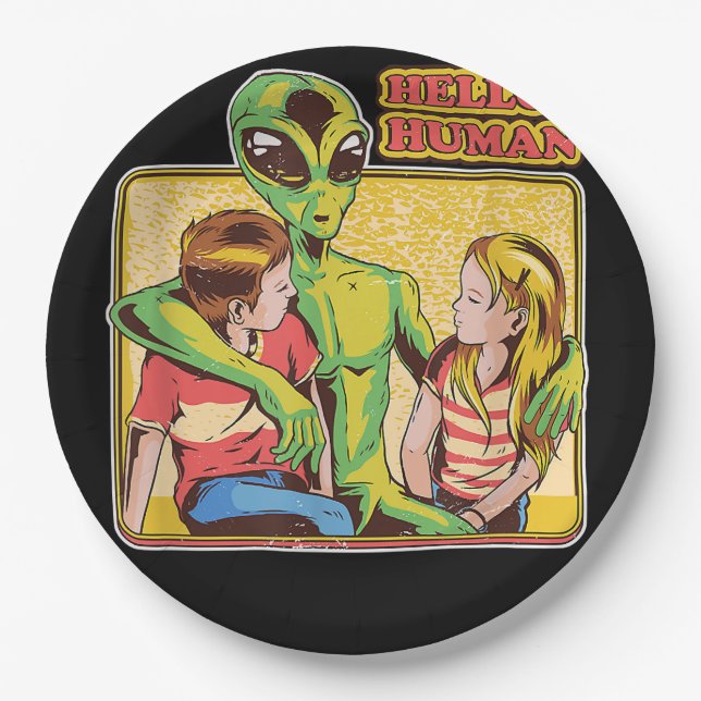 Cool Retro Alien ET Hello Humans Weltraumgalaxie Pappteller (Vorderseite)