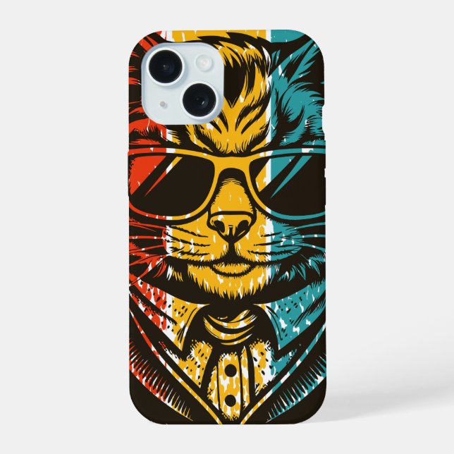 Cool Retro Cat with Sunglasses iPhone 15 Hülle (Rückseite)