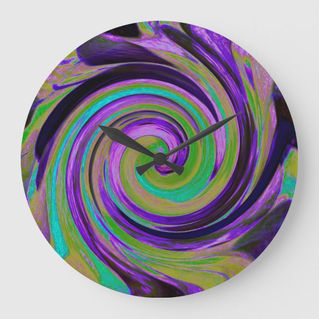 Cool Retro Lila und Chartreuse Liquid Art Swirl Große Wanduhr (Vorderseite)