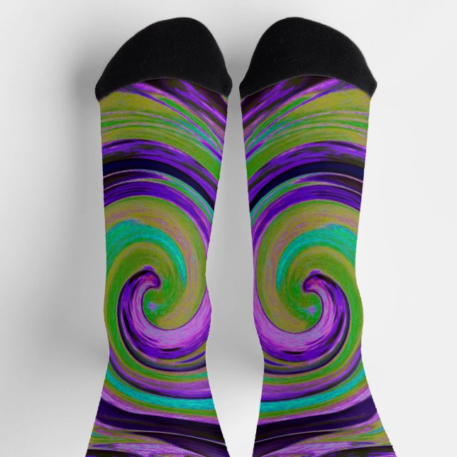 Cool Retro Lila und Chartreuse Liquid Art Swirl Socken (Oben)
