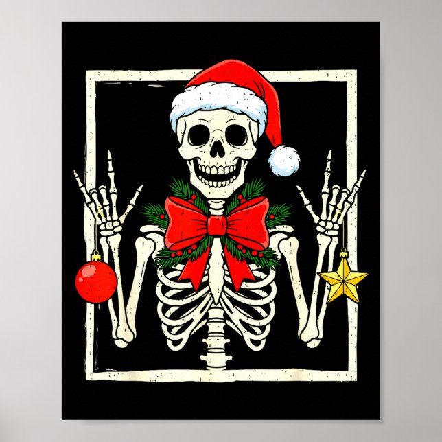 Cool Rocker Skeleton Santa Hat Christmas Punk Rock Poster (Vorne)